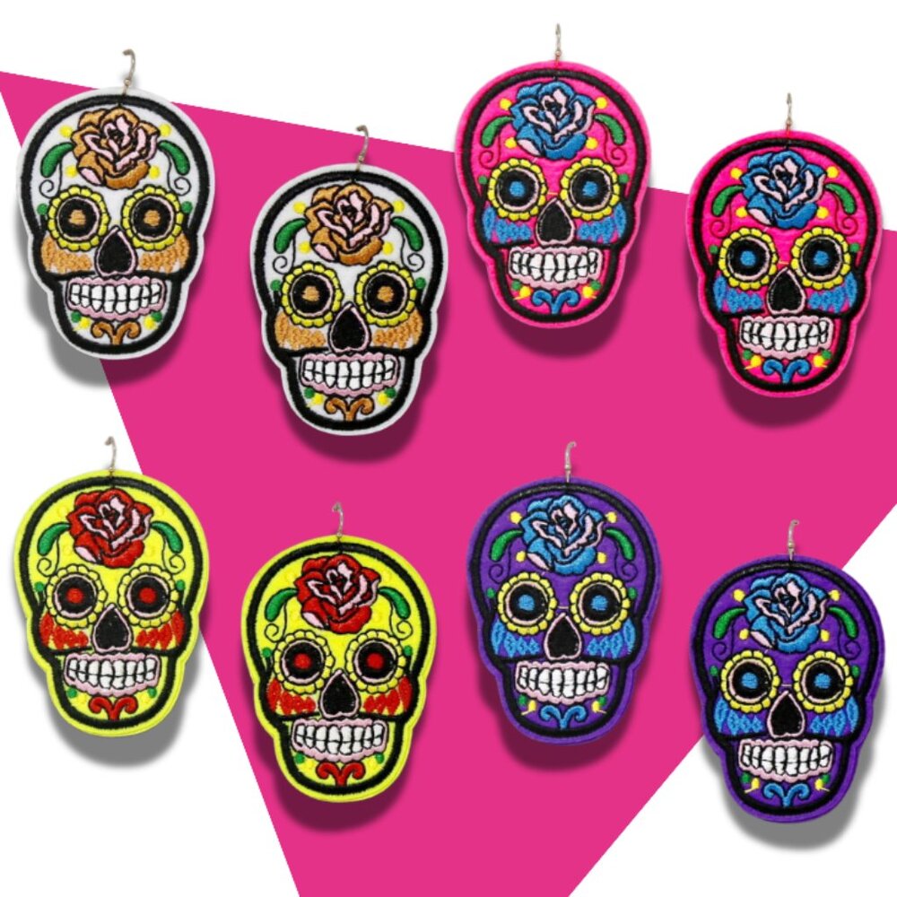 Hand Embroidered Halloween Sugar Skull Day of the Dead NOLA Statement Earrings